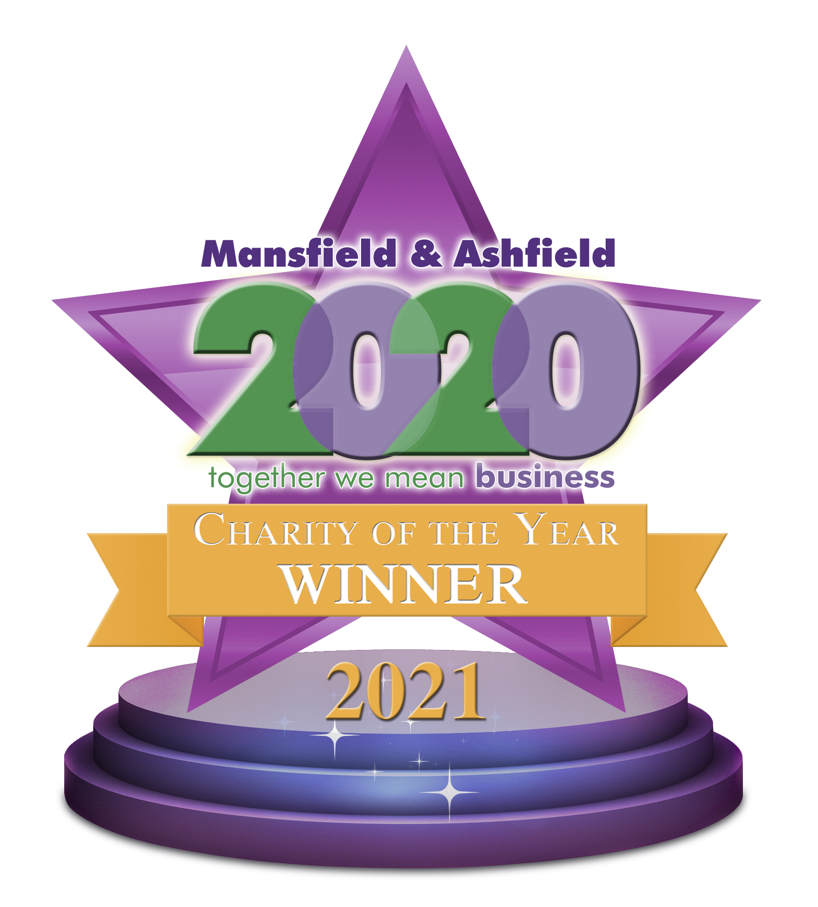 Purple and orange star shaped digital trophy for Charity of the Year Winner 2021 in the Mansfield and Ashfield Business Awards