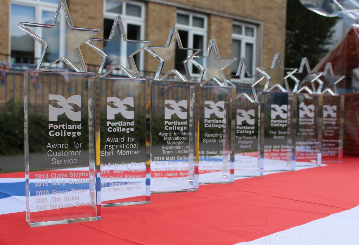 A row of STAR award trophies