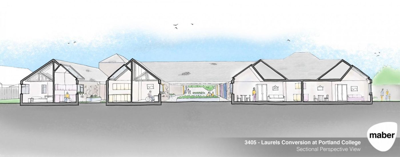 Sketch of front view of new Laurels Development Independence Flats
