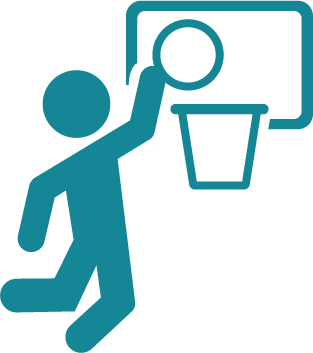 Stick man putting basketball in net